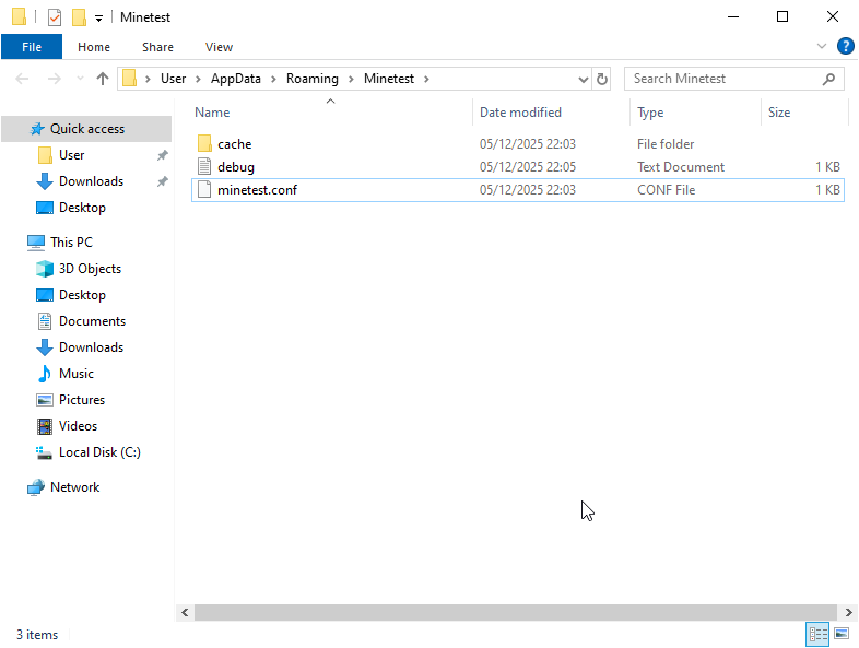 Screenshot showing contents of user data folder